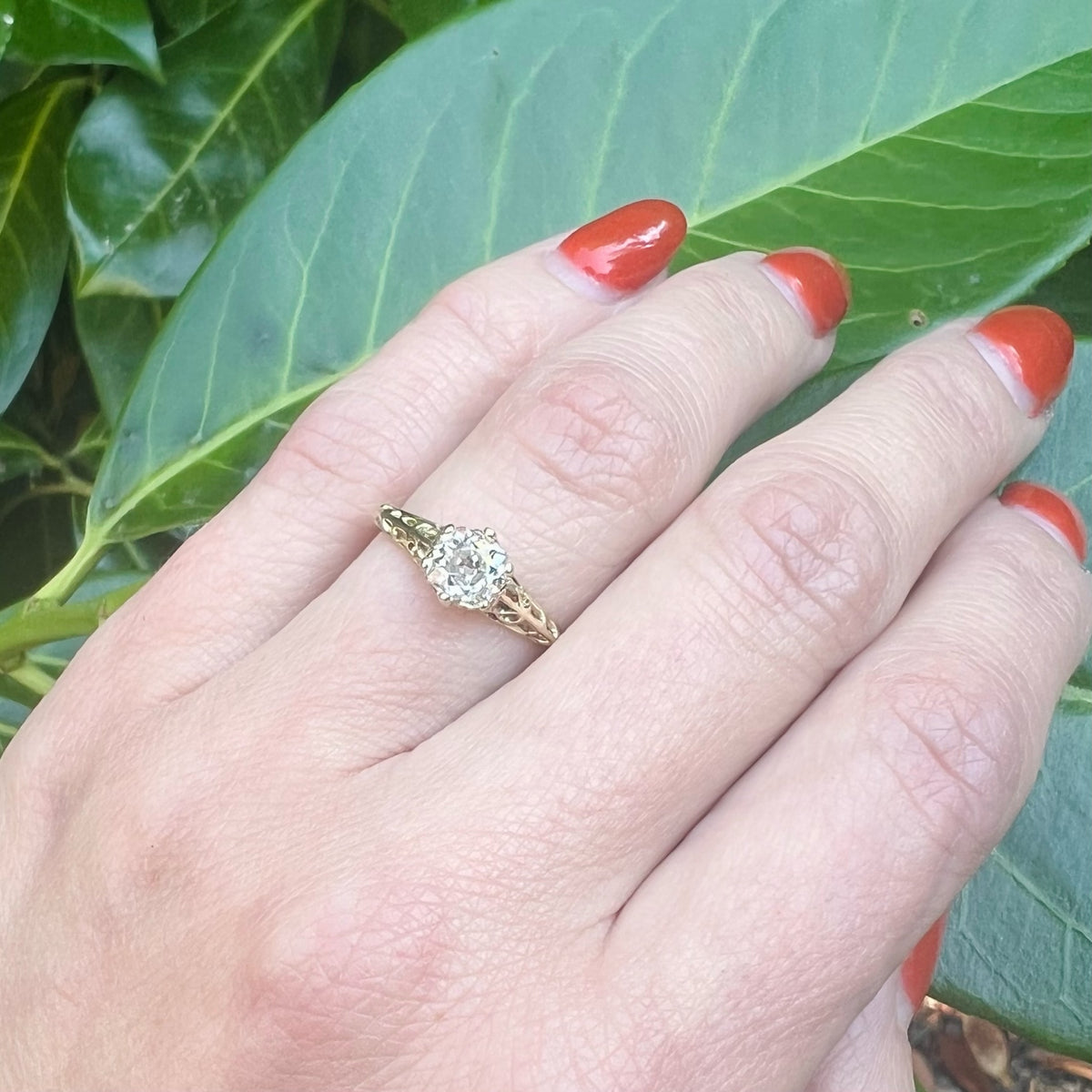 Pale Yellow Old Mine Diamond in Lacy Gold Solitaire