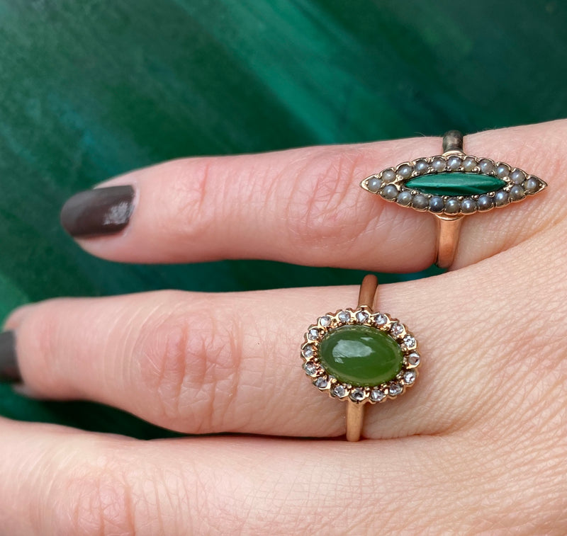 Jade Ring with Rose Cut Diamond Halo