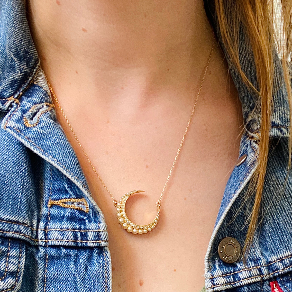 19th Century Diamond and Pearl Crescent Moon Necklace