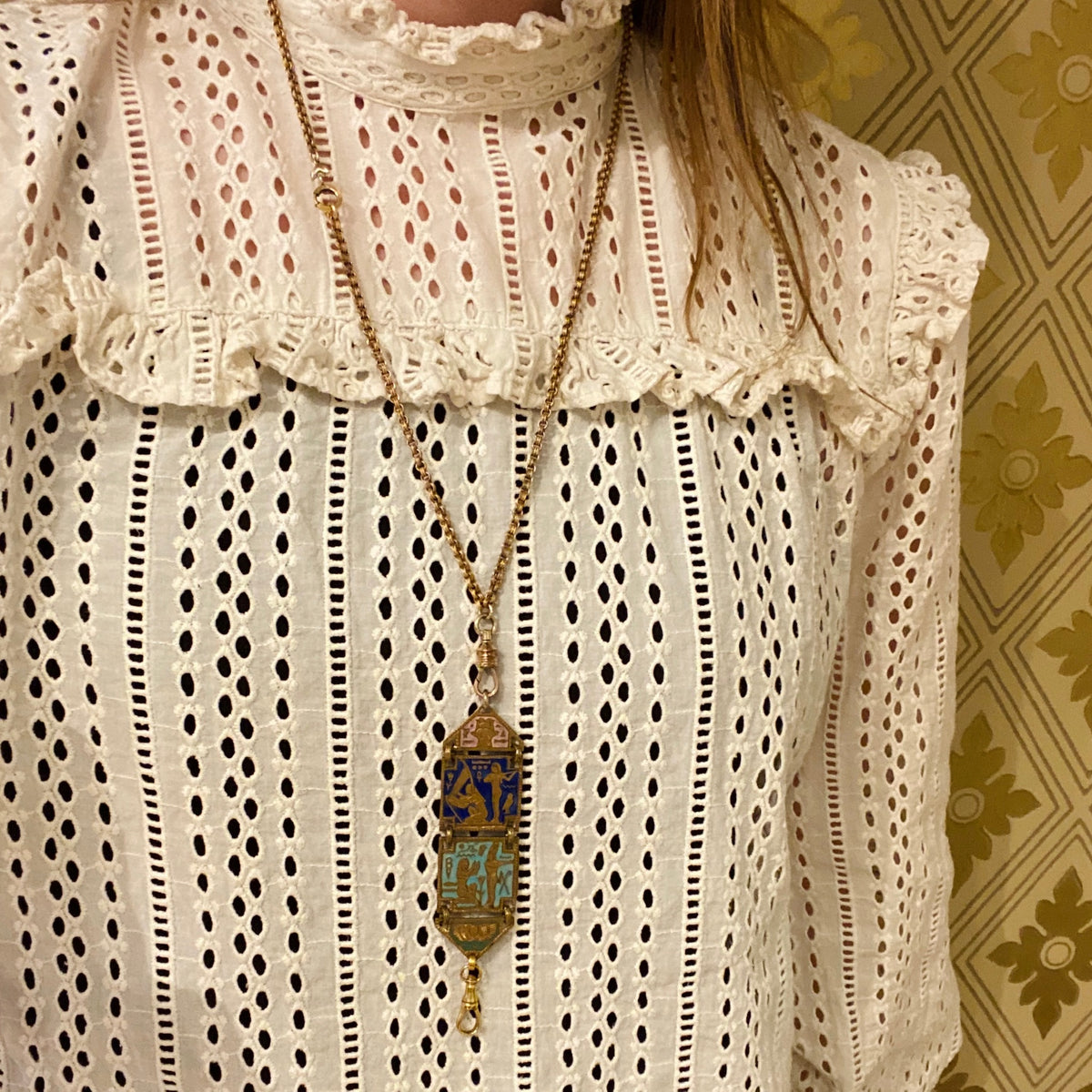 Egyptian Revival Fob Pendant in Enameled Brass