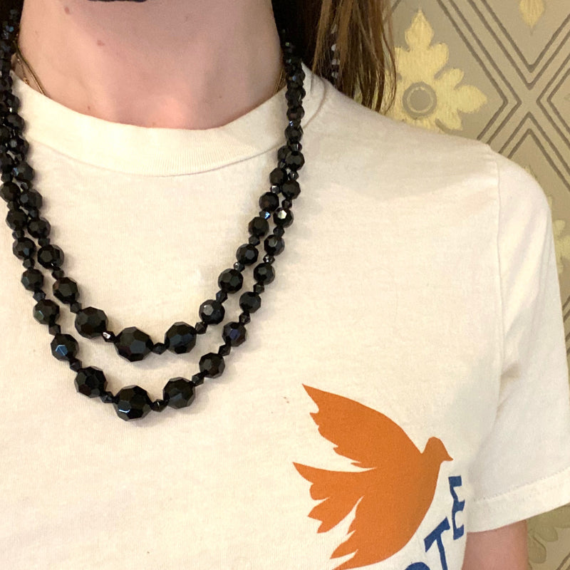 Two Strand Graduated Black Glass Bead Necklace