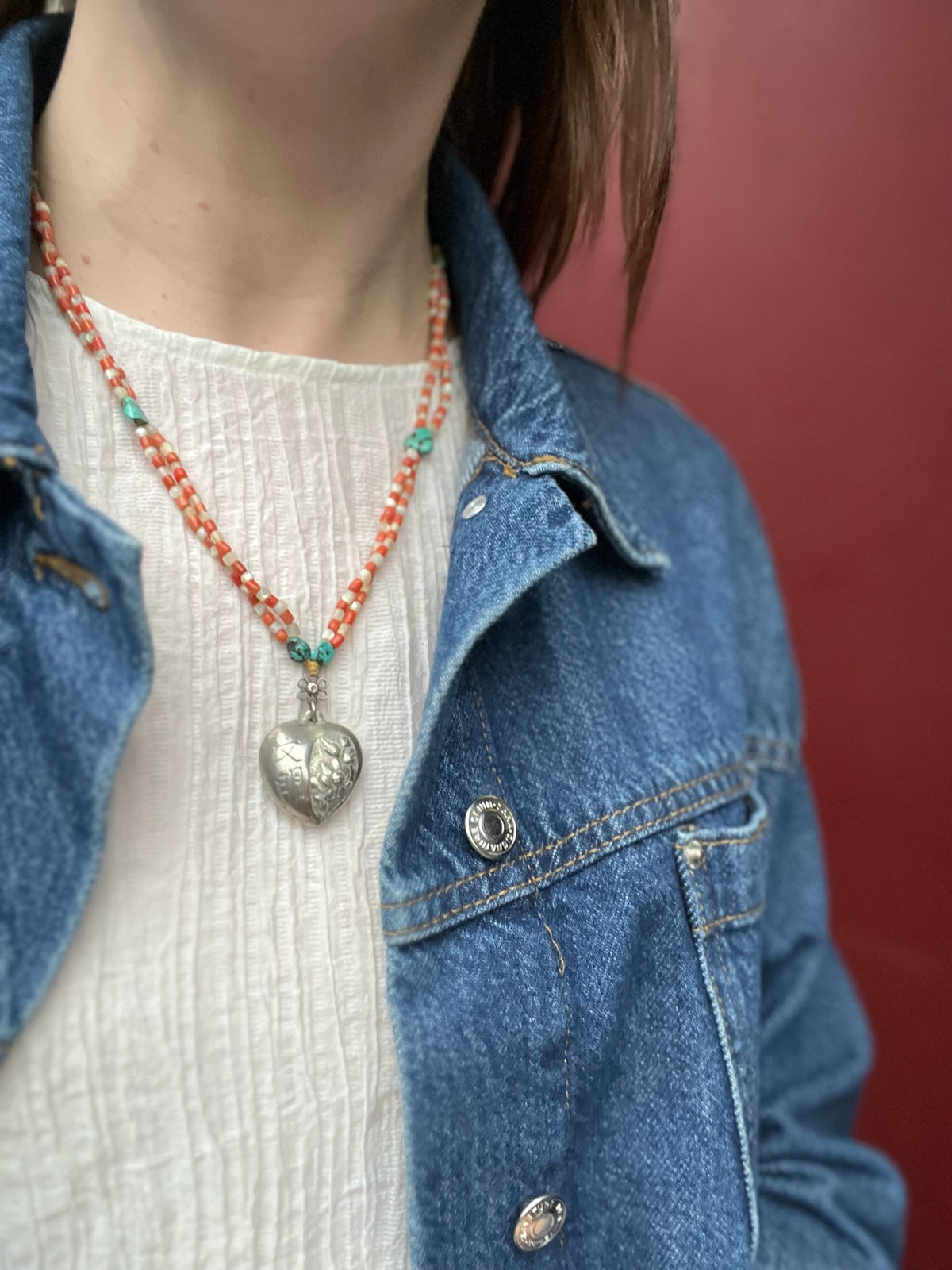 Chinese Repoussé Silver Heart Pendant on Beads