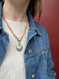 Chinese Repoussé Silver Heart Pendant on Beads