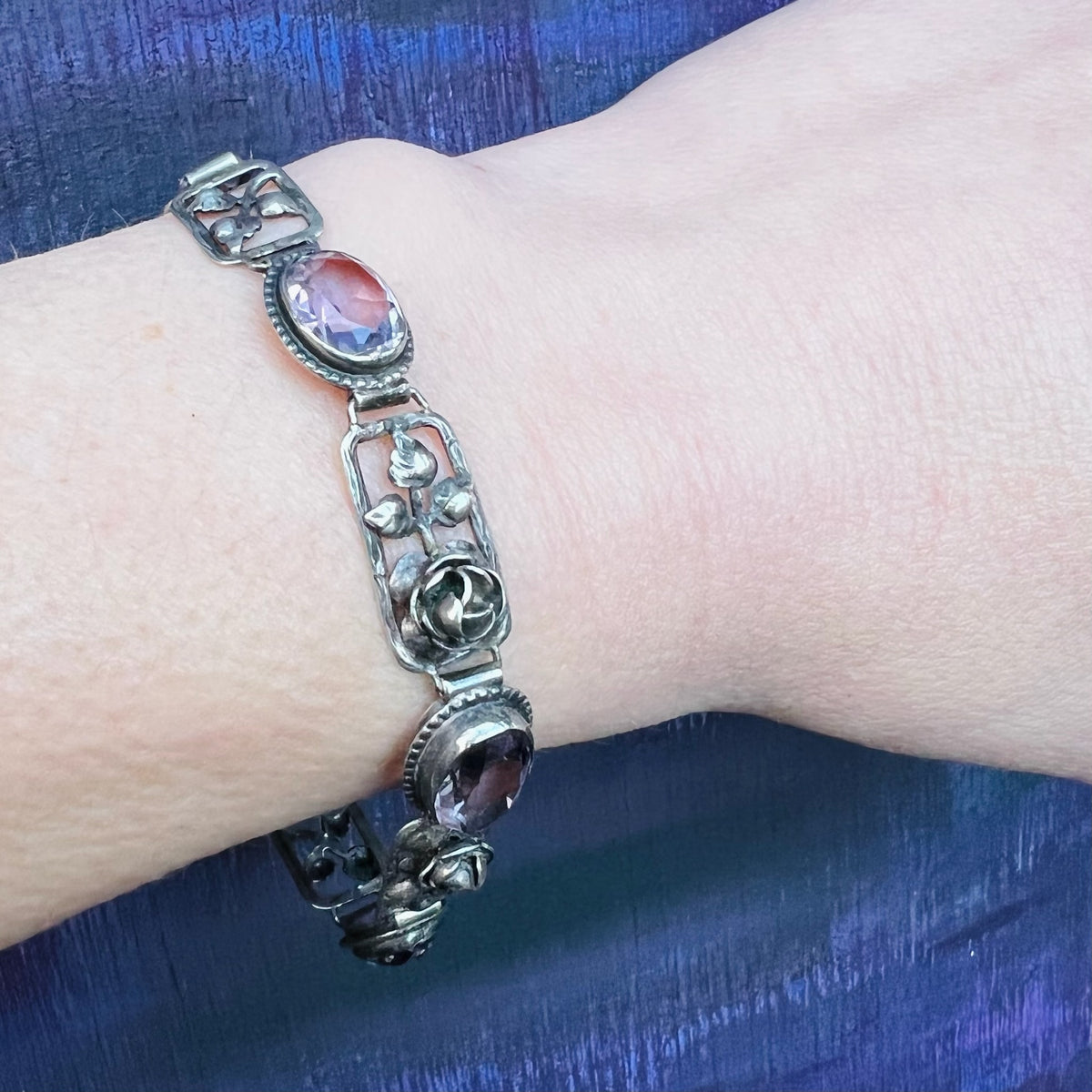 German Bracelet of Silver Roses & Amethysts