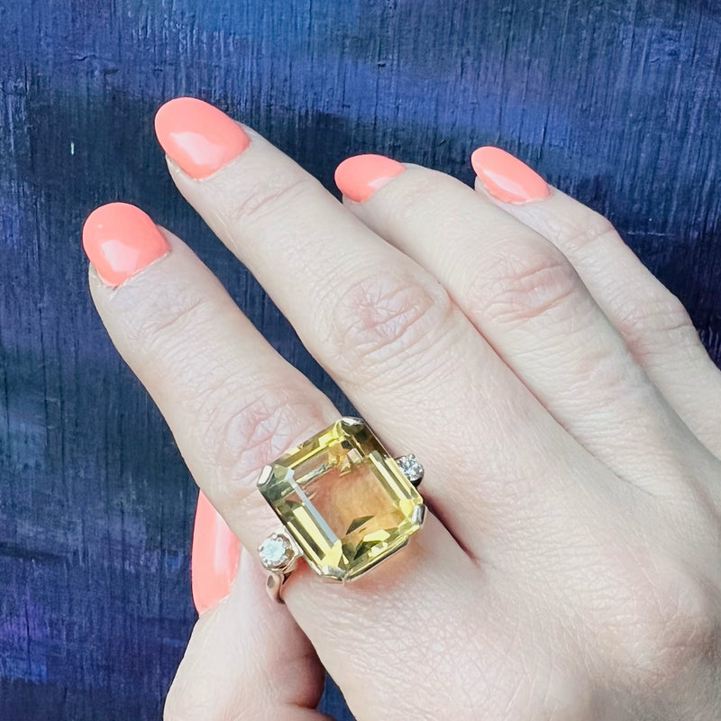 Glamorous Retro Citrine Cocktail Ring with Diamond Accents