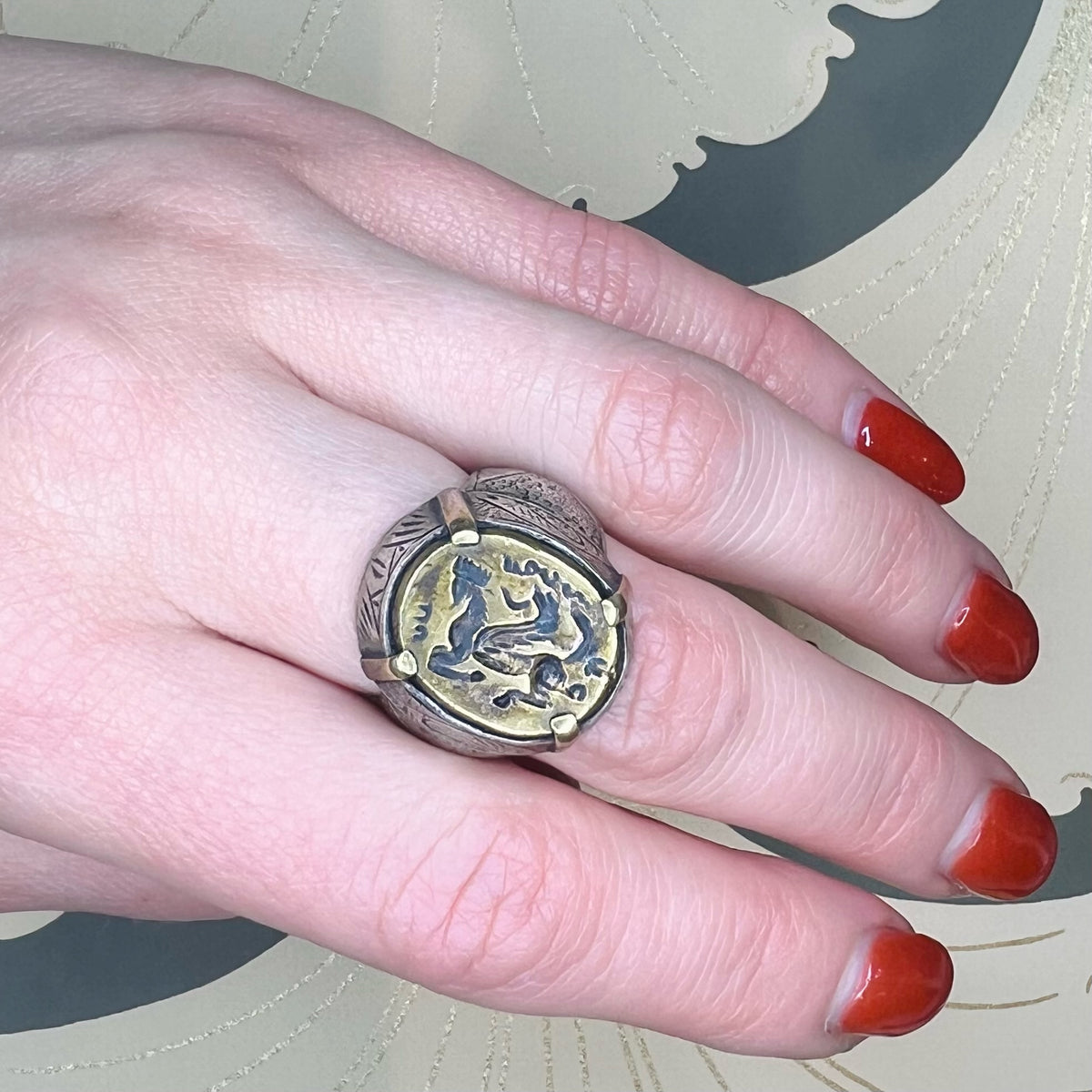 Chunky Engraved Silver Ring with Engraved Brass Sphinx