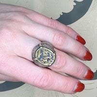 Chunky Engraved Silver Ring with Engraved Brass Sphinx