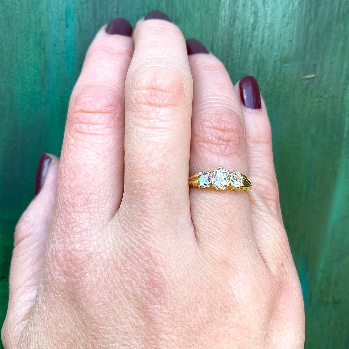 English Three Stone Ring with Old Mine Diamonds