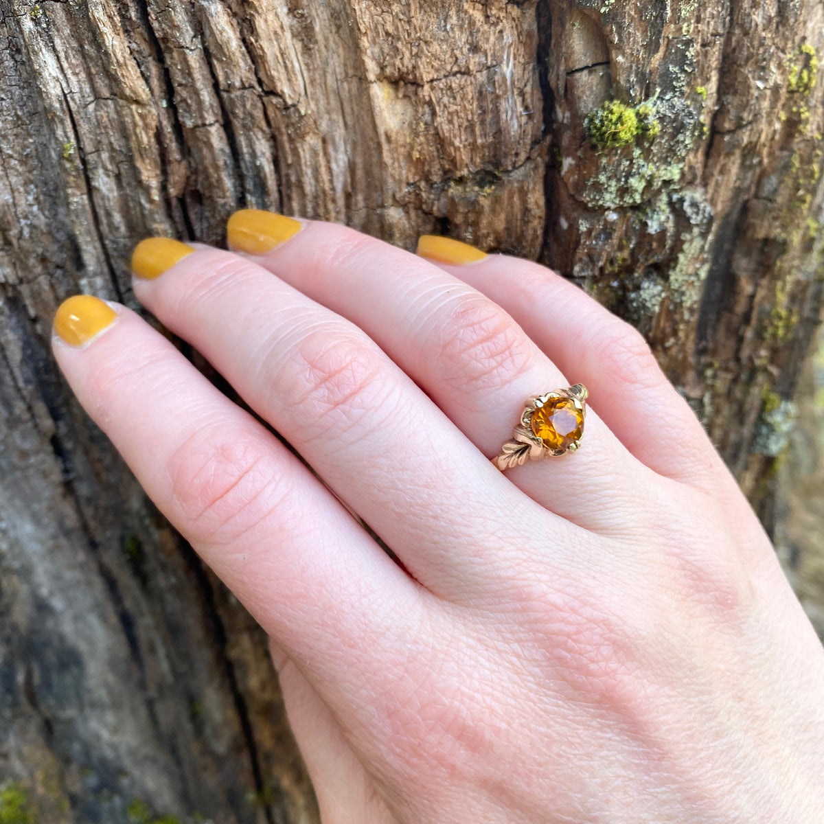 Golden Citrine Solitaire in Feathered Gold Setting