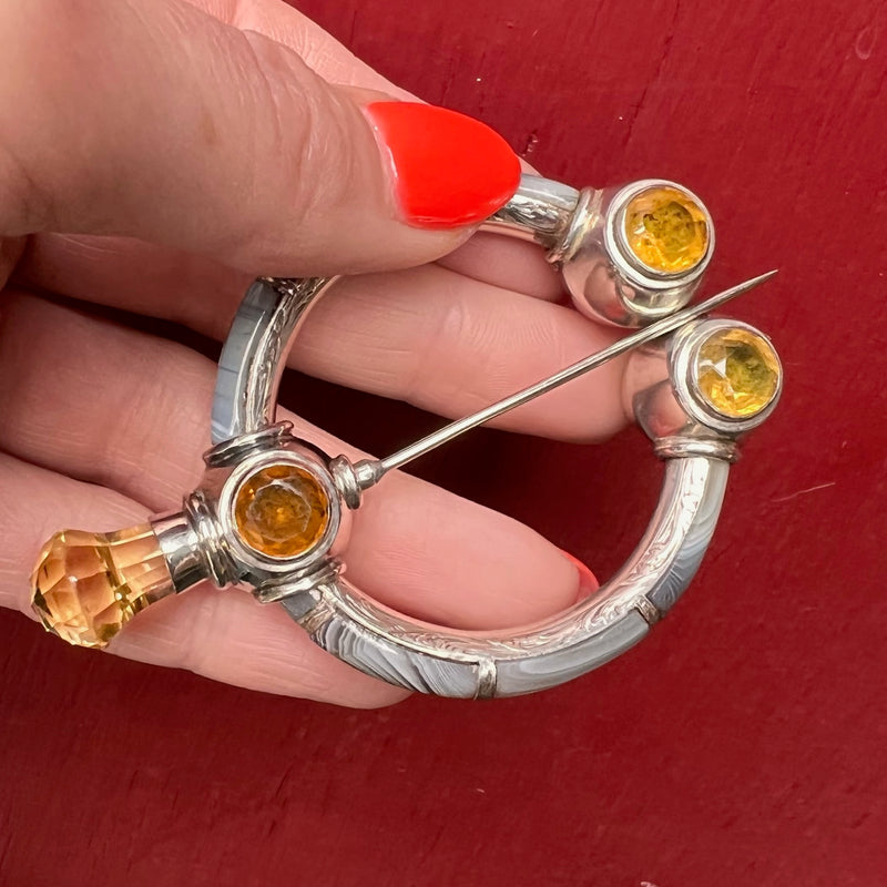 Superb Scottish Penannular Cloak Pin with Agate & Citrine
