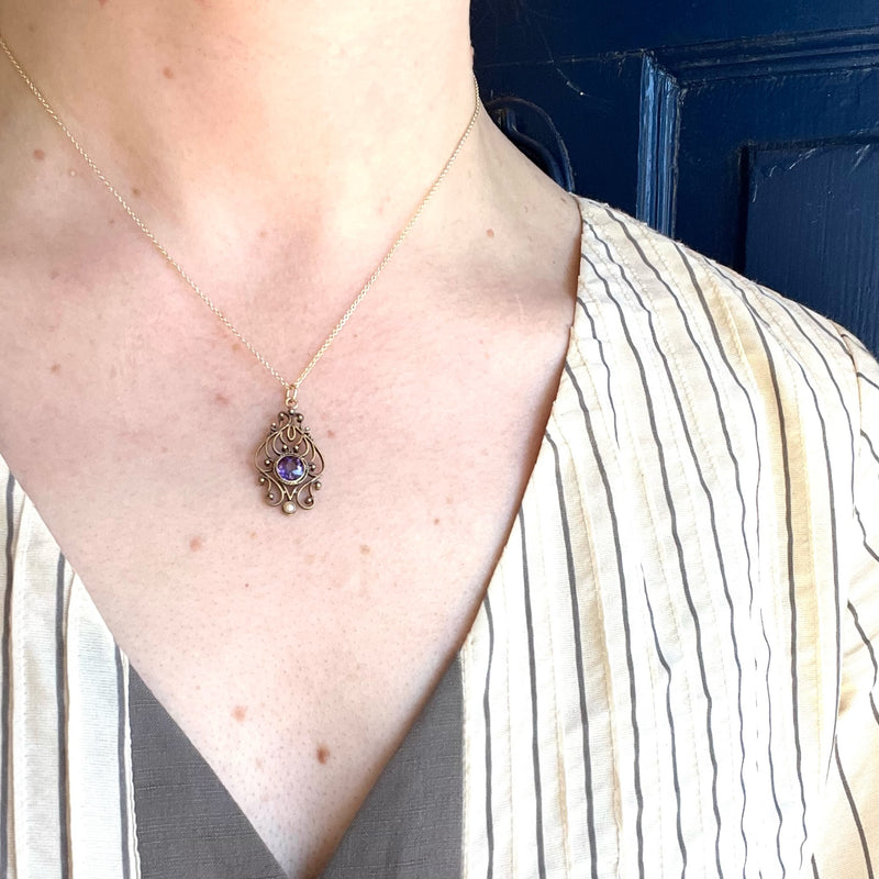 Lacy Gold Amethyst & Pearl Conversion Pendant
