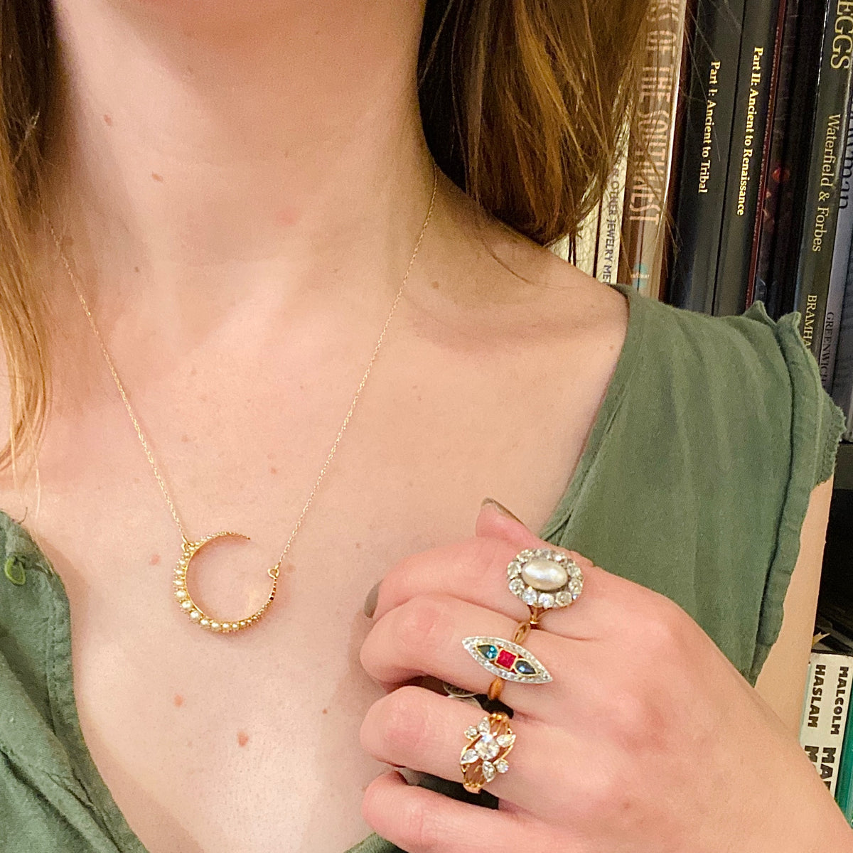The 18k Gold and Pearl Crescent Moon Necklace