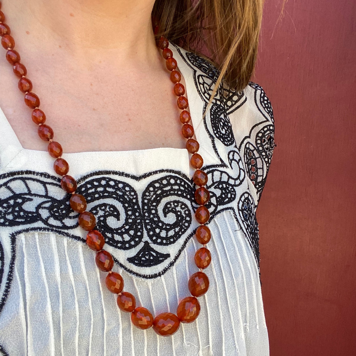 Faceted Amber Bead Necklace with Filigree Clasp
