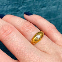 Carved English Gold Band with Old European Cut Diamond