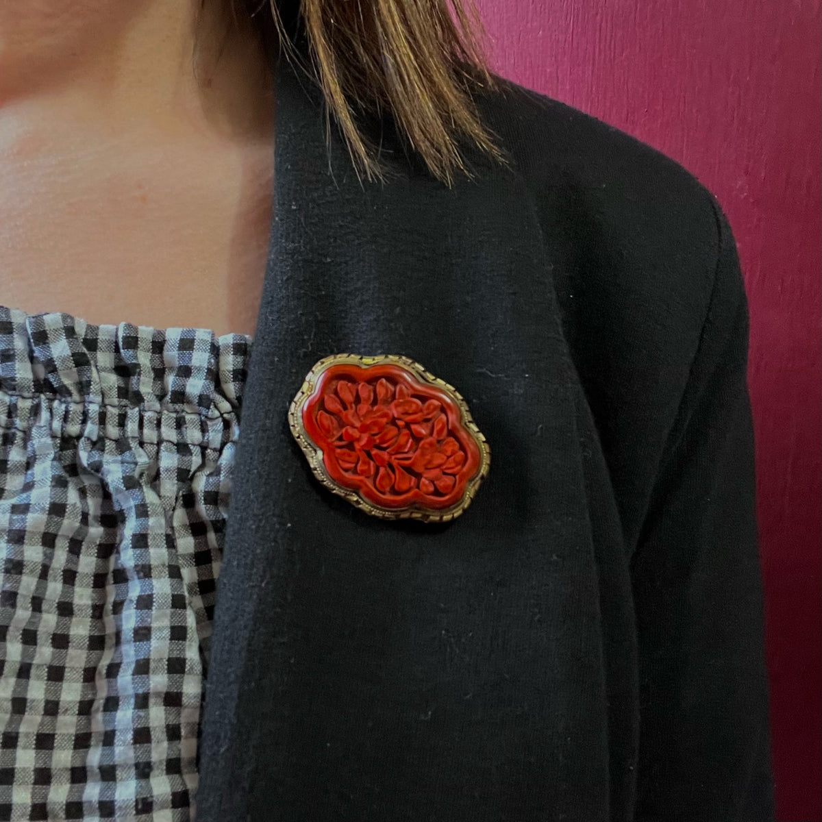 Chinese Cinnabar Flower Brooch in Brass