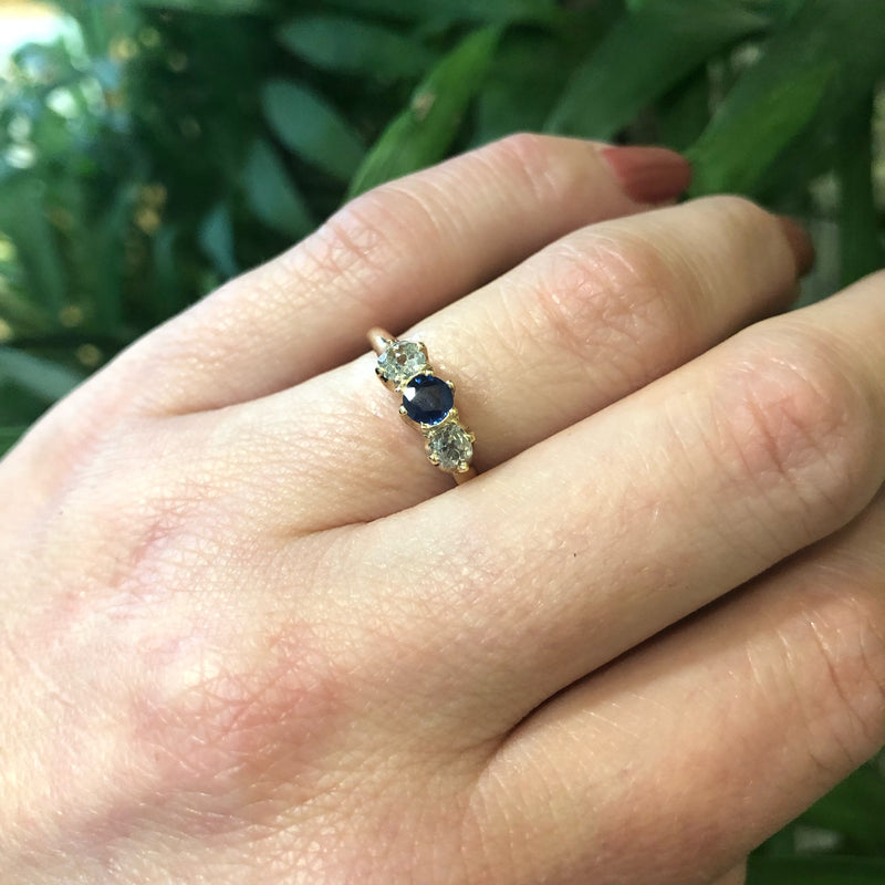 Old Mine Diamond and Sapphire Three Stone Ring