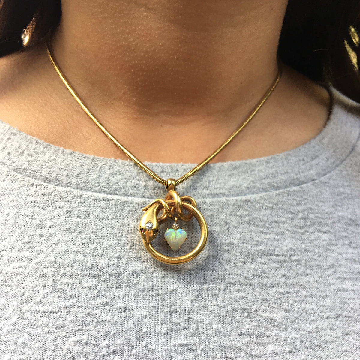 Gold Snake Necklace with Opal