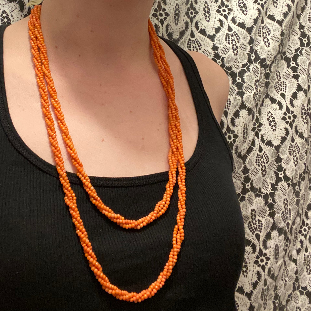 Fabulously Long Natural Coral Triple Twist Necklace