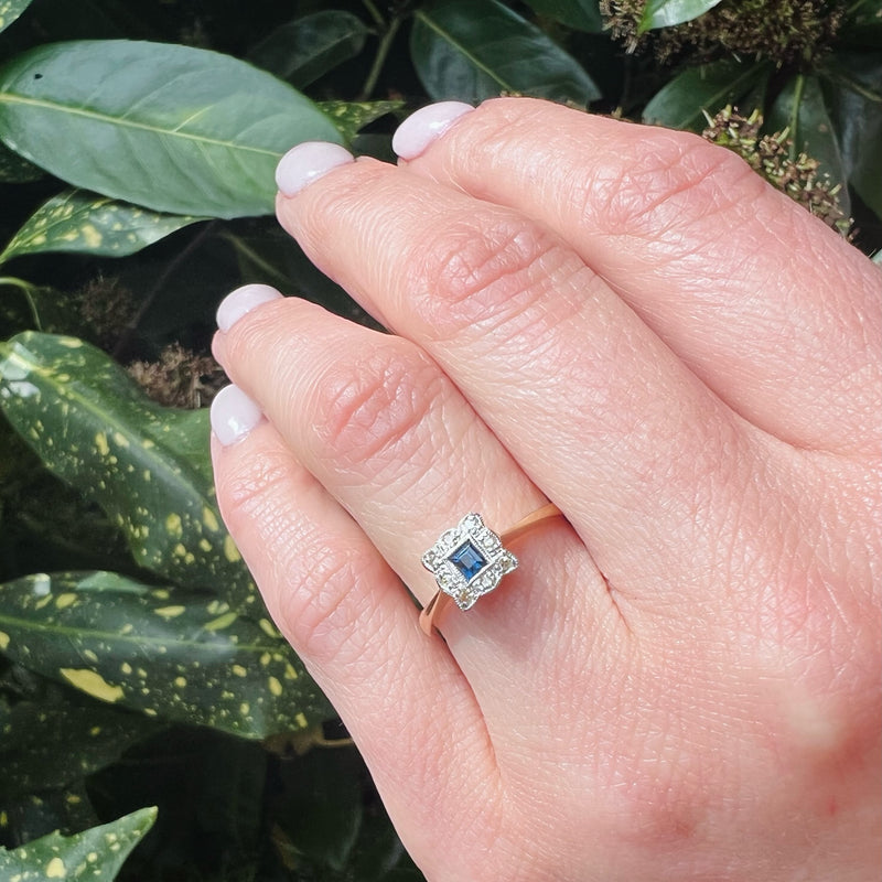 Edwardian Square Sapphire Diamond Frame Ring