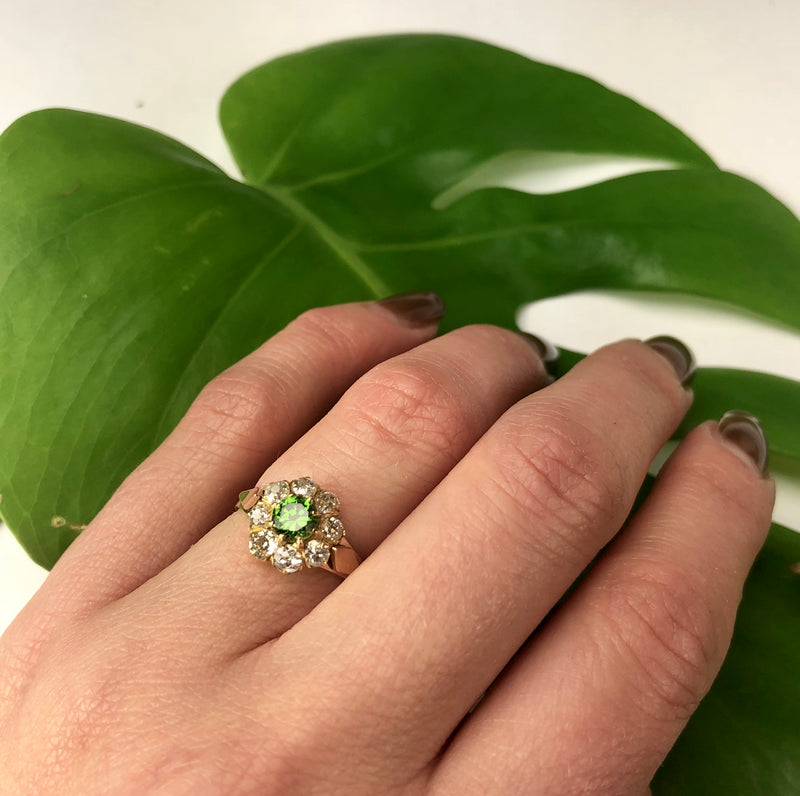 Green Garnet and Mine Cut Diamond Ring