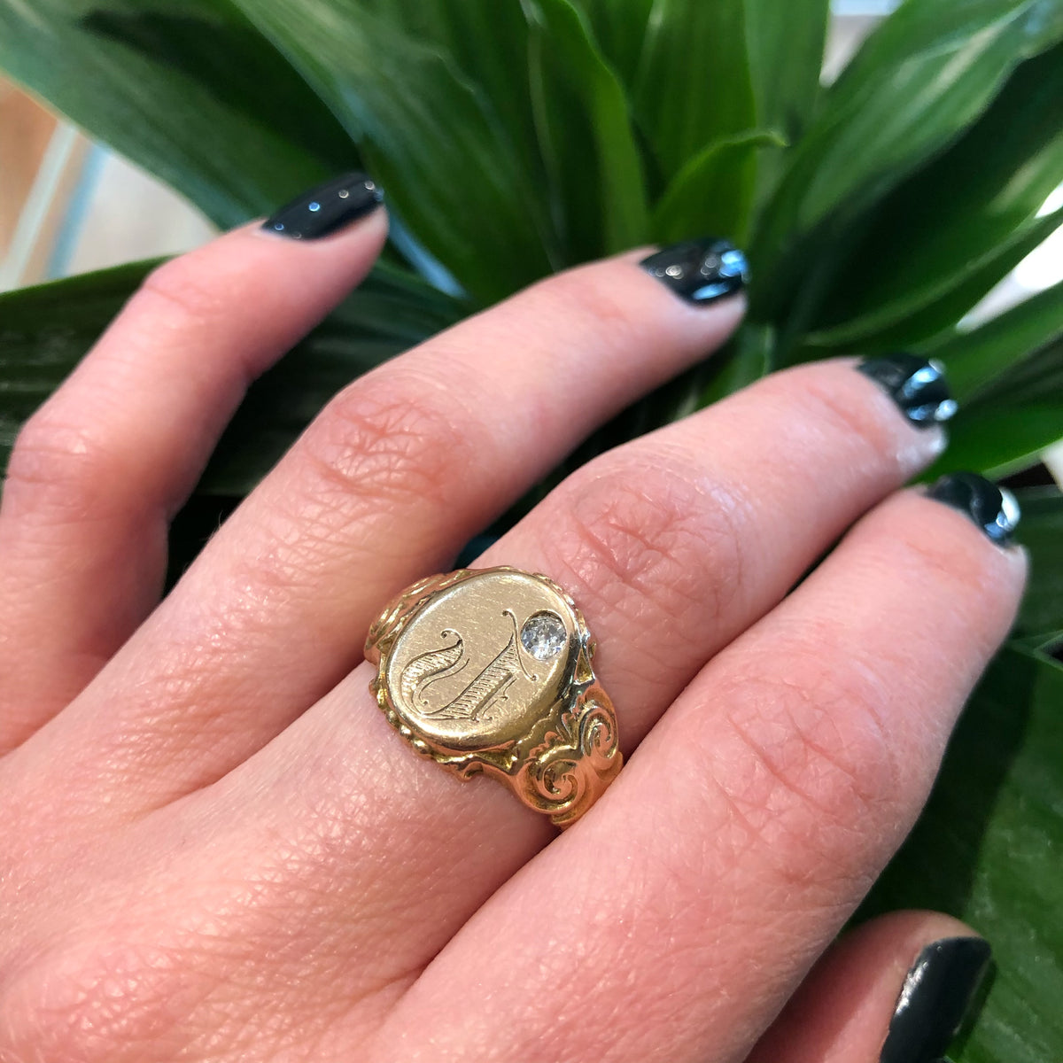 Chunky Gold Signet Ring Diamond Topped J