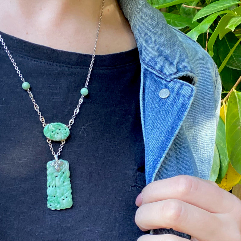 Carved Jade Art Deco Necklace with Silver Links