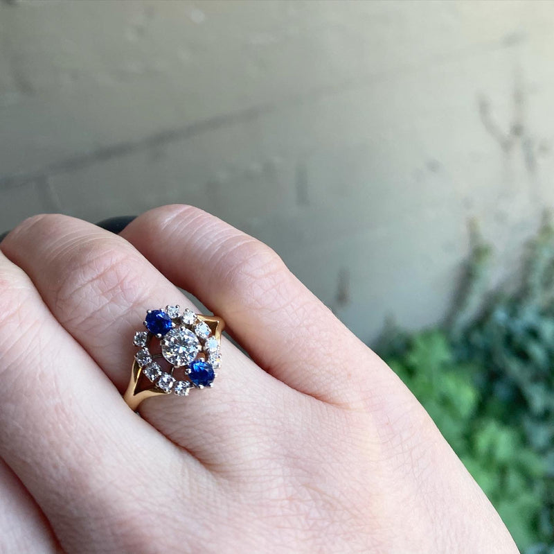 Midcentury Diamond and Sapphire Statement Ring