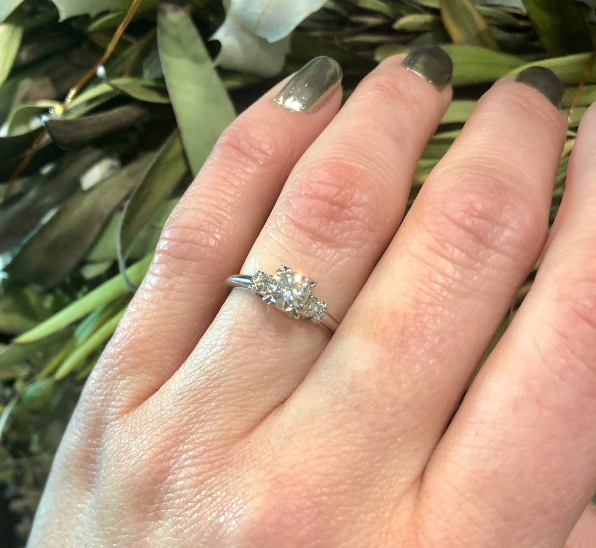 Three Stone Vintage Platinum and Diamond Engagement Ring