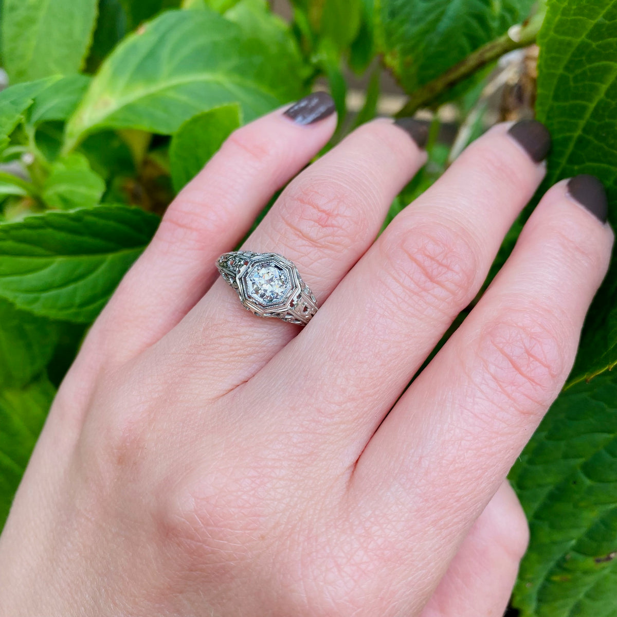 Romantic Engraved Filigree Diamond Solitaire Ring