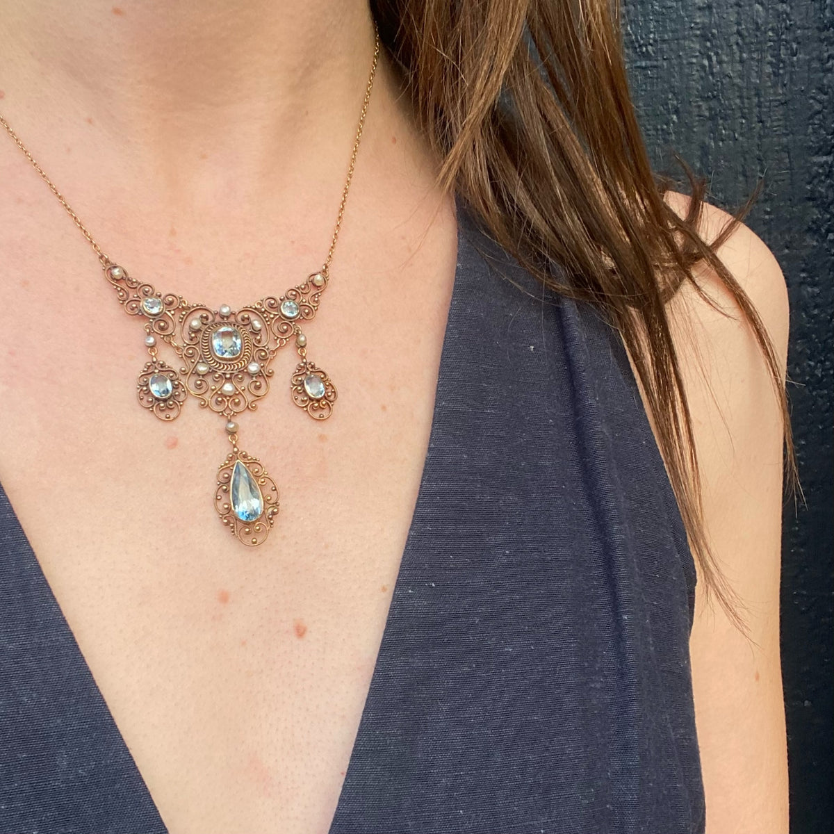 Exquisite Antique Aquamarine Filigree Necklace