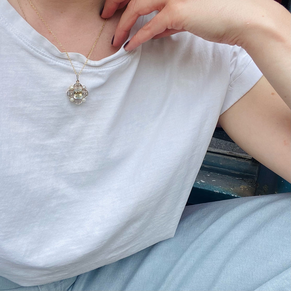 Dreamy Aquamarine, Diamond & Pearl Quatrefoil Pendant