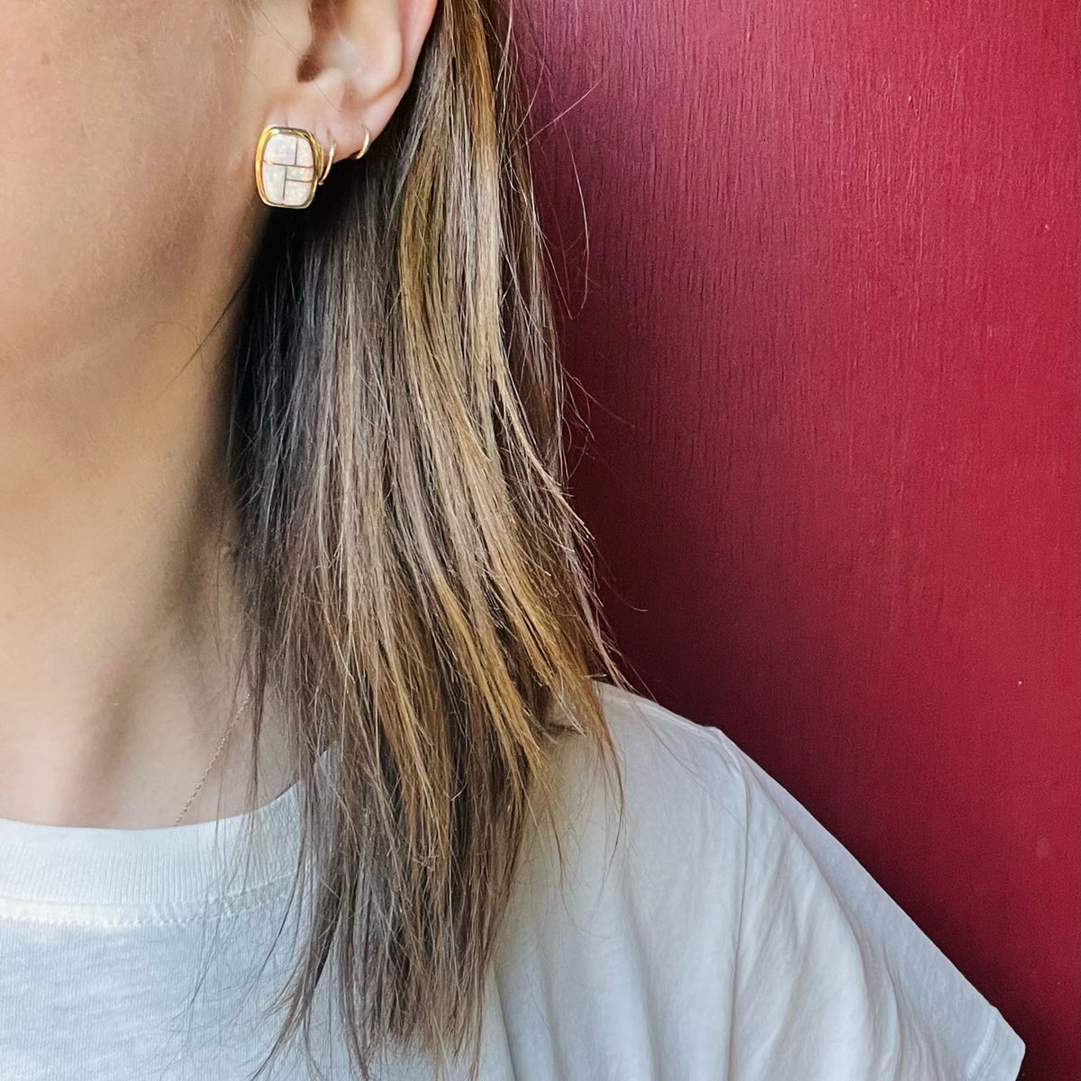Graphic Opal Inlay in Gold Stud Earrings