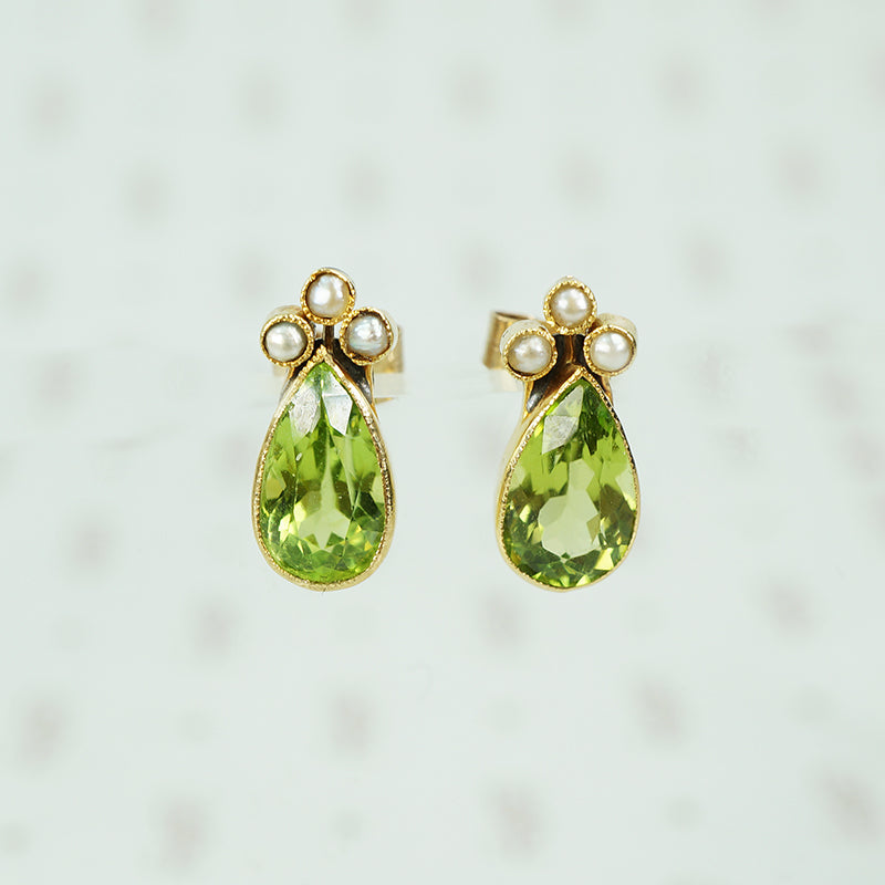 pear shaped peridot and pearl stud earrings
