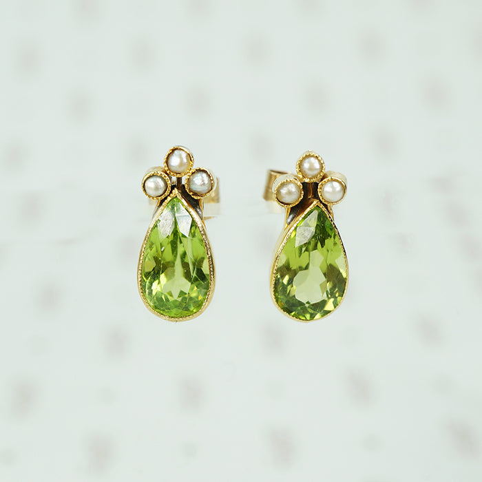 pear shaped peridot and pearl stud earrings