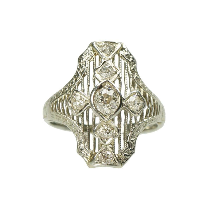 Vintage Deco Filigree Ring with Mine Cut Diamonds