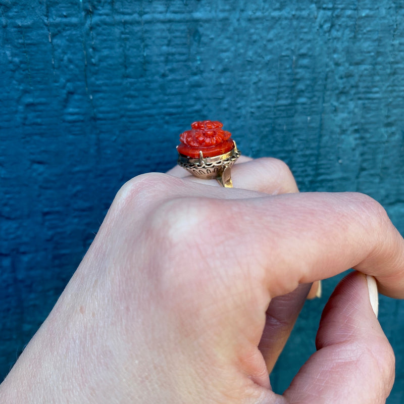 1950s Carved Red Daisy Ring in 18k