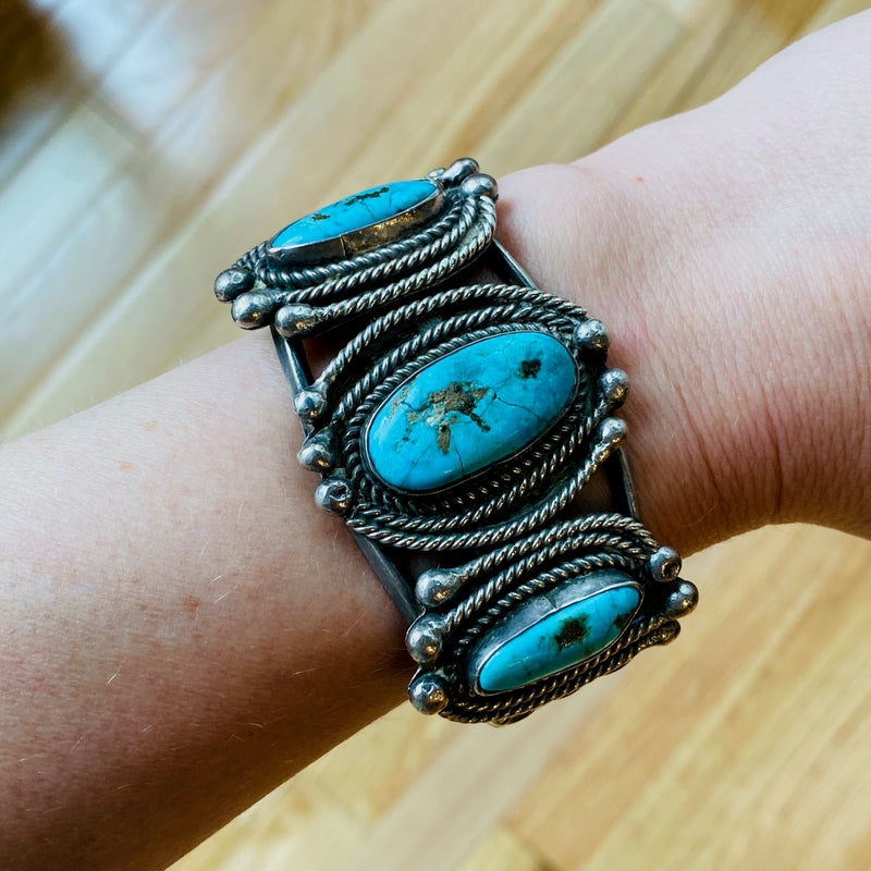 Coin Silver Bold Vintage 3 Stone Turquoise Cuff