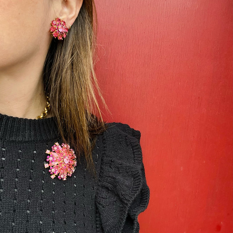 Kaleidoscopic Pink Rhinestone Brooch & Earring Set
