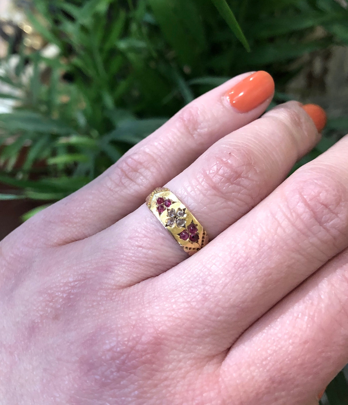 Glowing Gold Band Rose Cut Diamonds and Rubies circa 1891