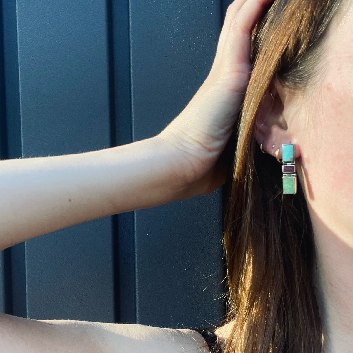 Color Block Inlay Earrings with Turquoise & Amethyst