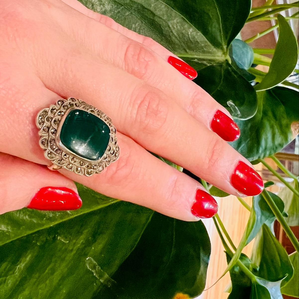 Chrysoprase Sterling Marcasite Deco Ring