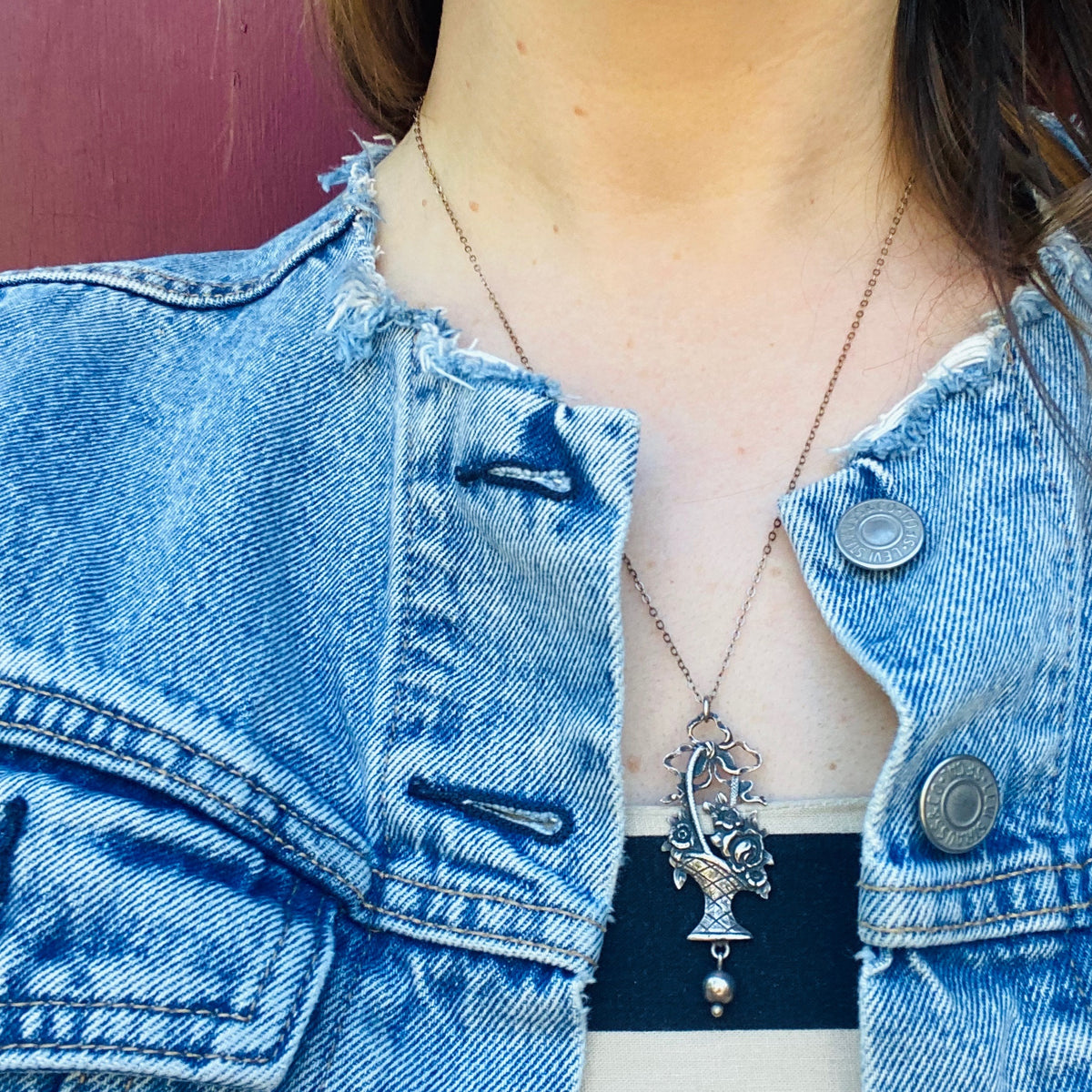 Edwardian Flower Basket Pendant in Sterling Silver