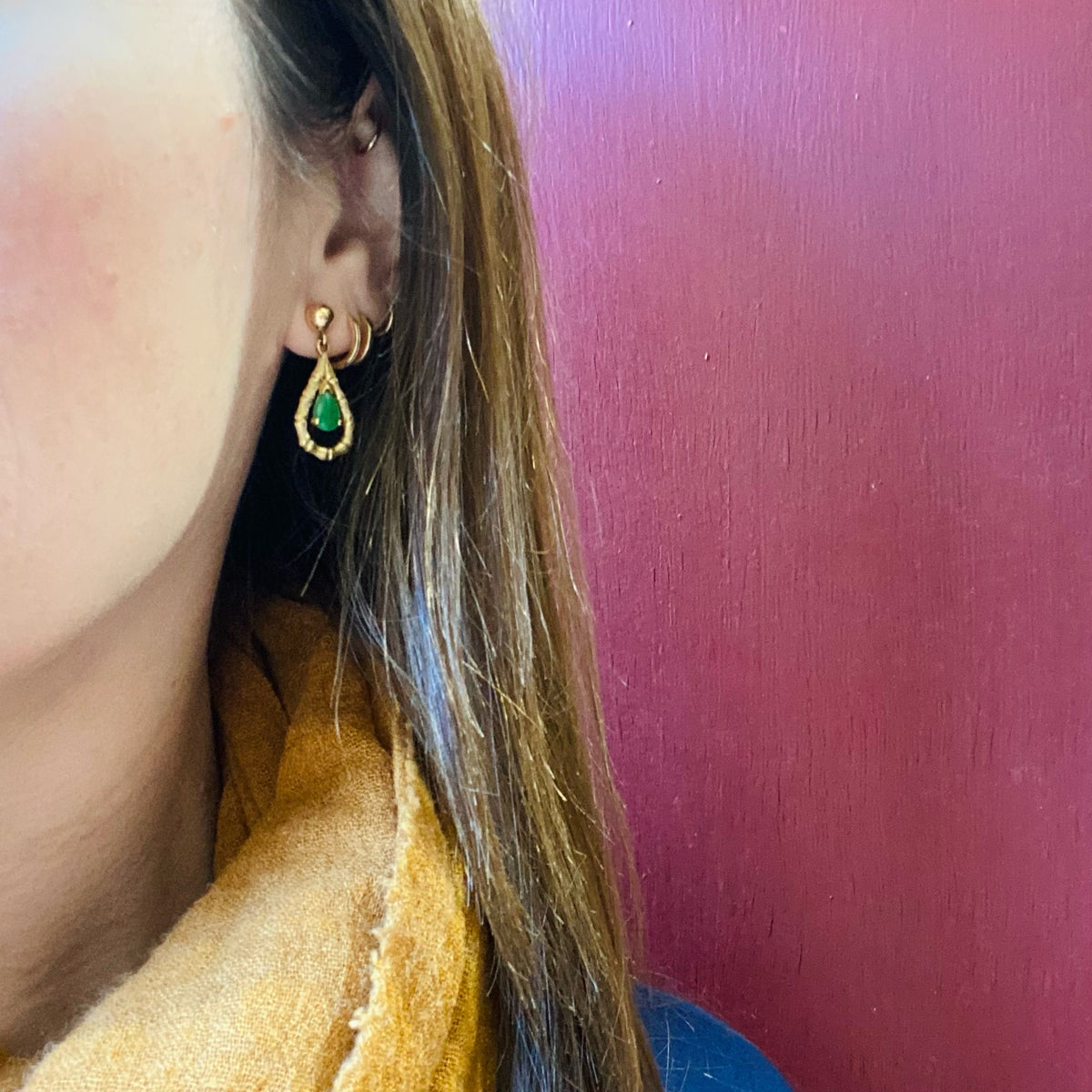Gold Bamboo and Green Jade Earrings