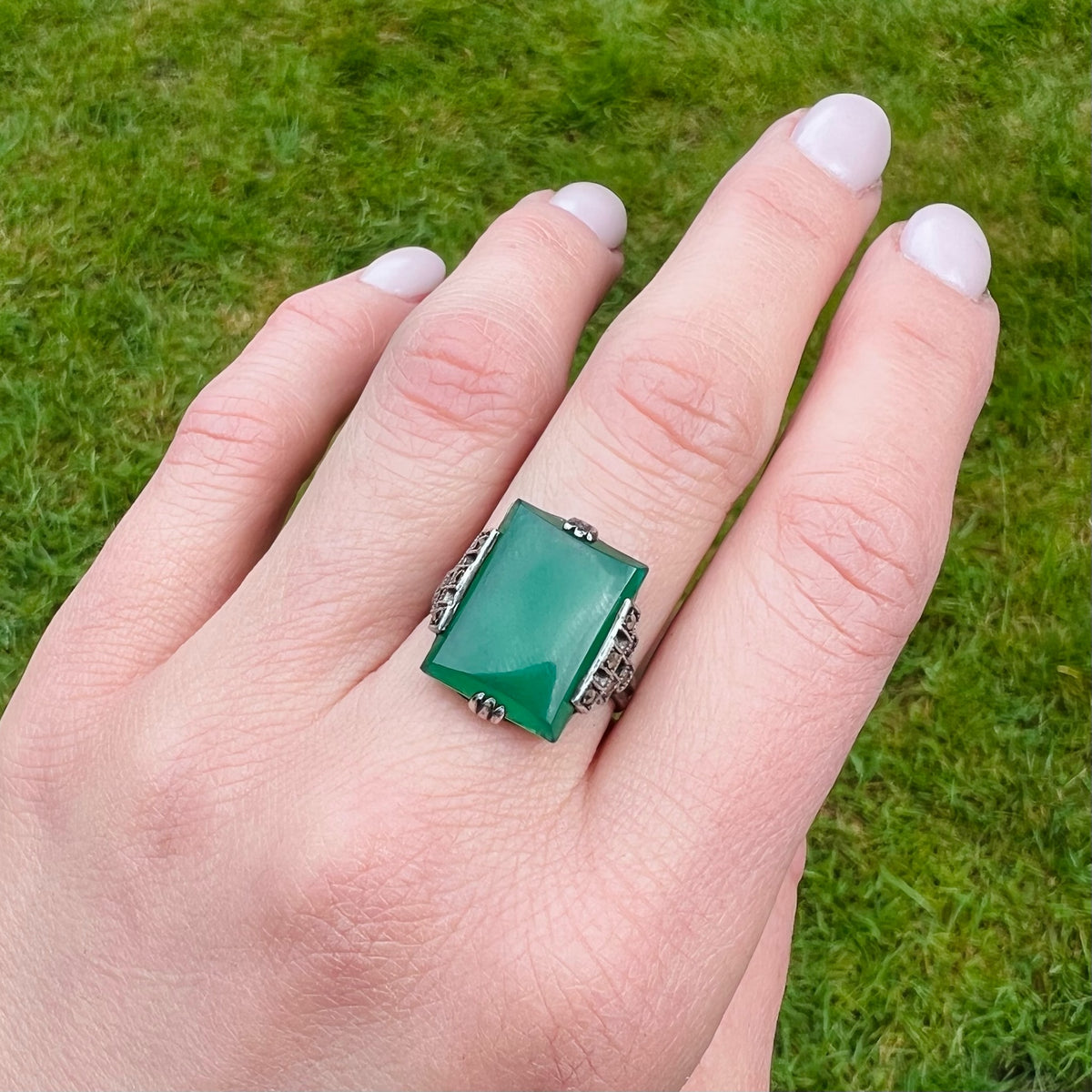 Architectural Deco Ring with Chrysoprase & Marcasite