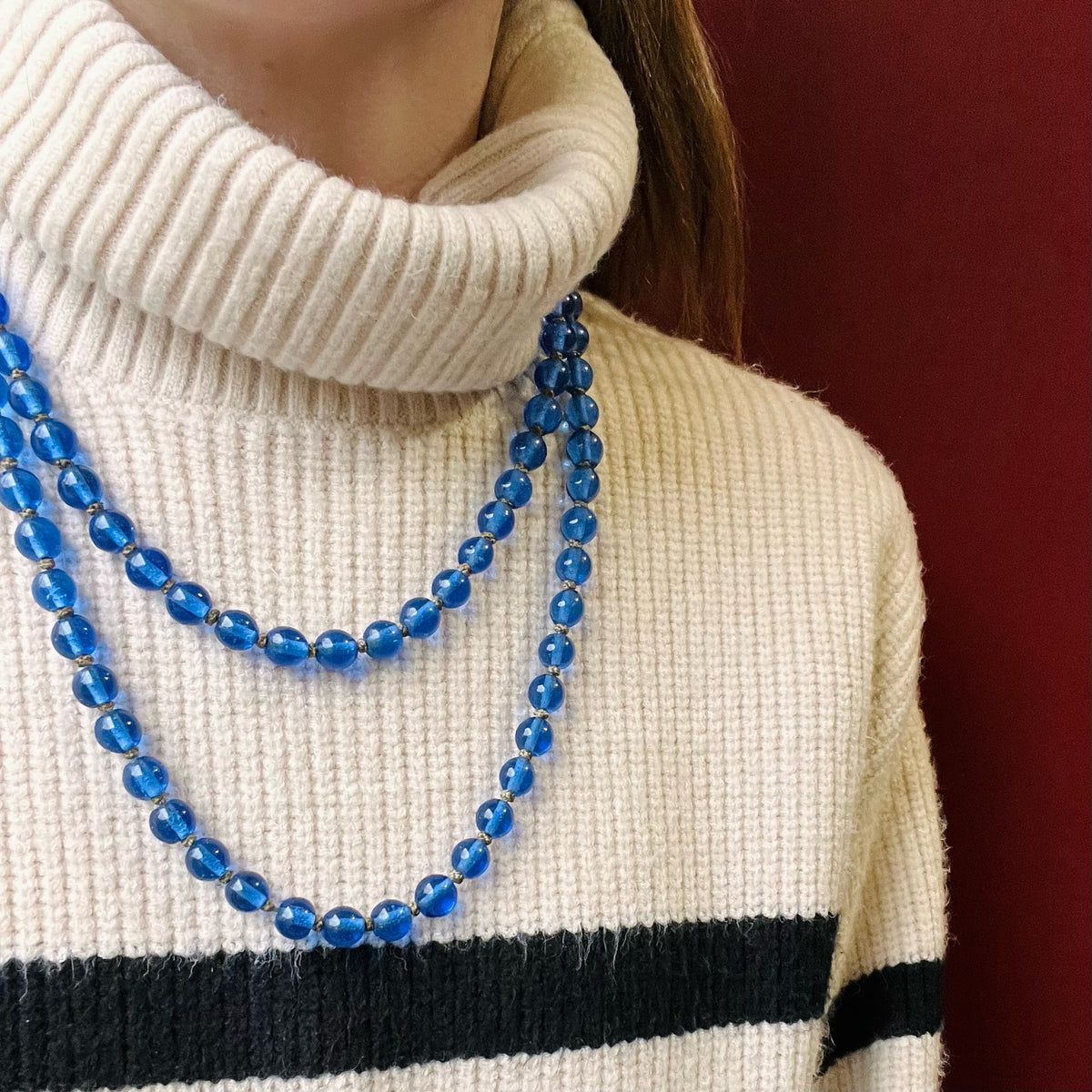 Lovely Long Blue Peking Glass Bead Necklace