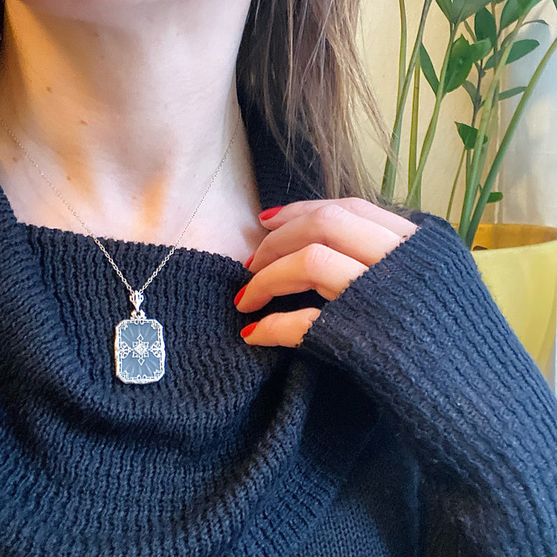Lacy Filigree Framed Camphor Glass Necklace