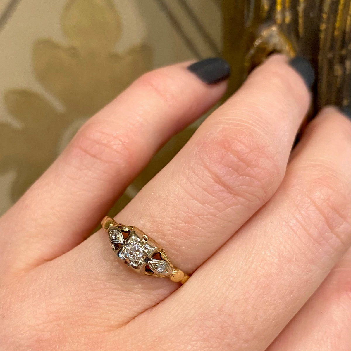 Old Mine Cut Diamond 2 tone Gold Engagement Ring