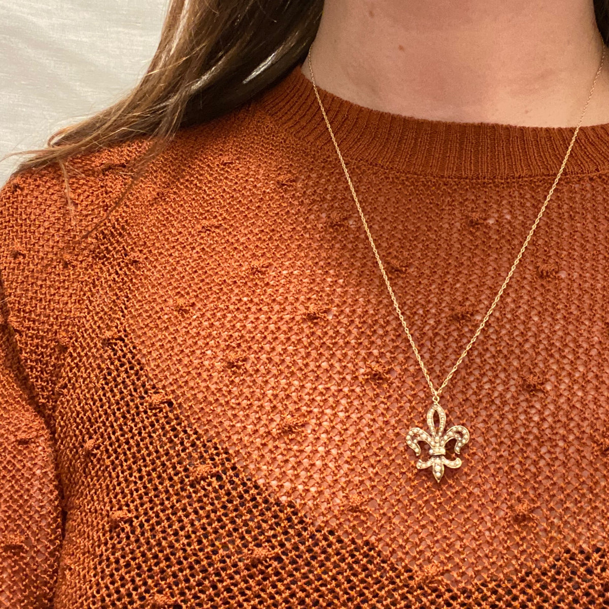 Vintage Gold and Seed Pearl Fleur de Lis Pendant