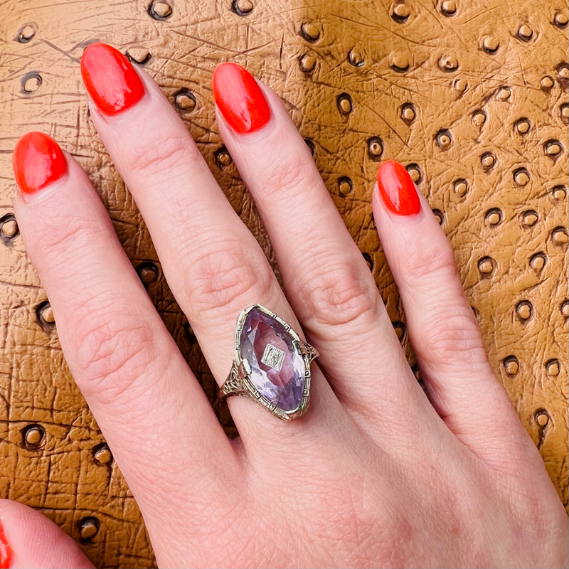 Amethyst Navette in Lacy Filigree Ring