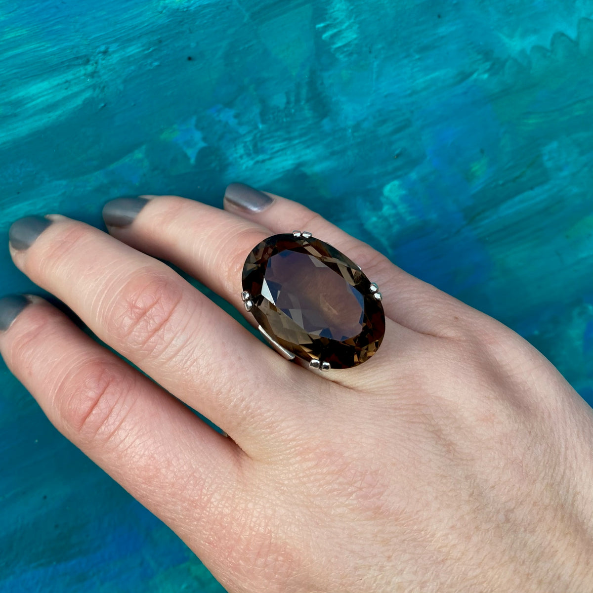 Mid Century Modern Silver and Quartz Statement Ring